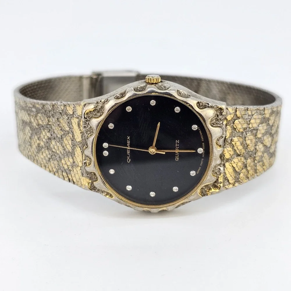 VTG QUEMEX Nugget Watch 32MM Black Dial‎ Gold Tone Bands Up to 7